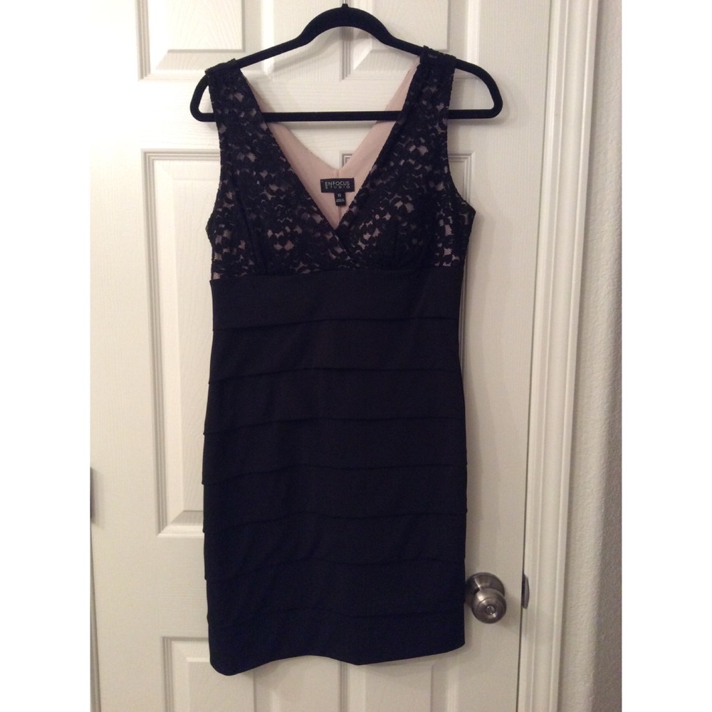 Black lace V neck little black dress